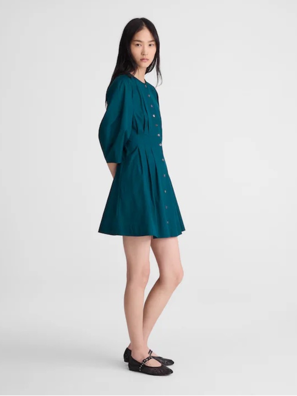 Madewell Sculptural-Sleeve Pleated Mini Shirt Dress Teal Green fit and flare - Picture 2 of 12